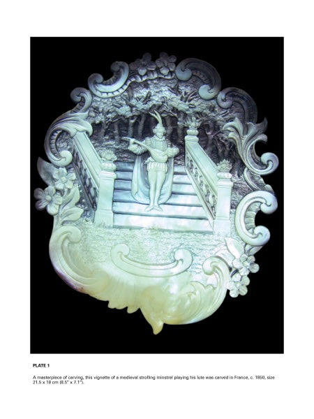 The Mother-of-Pearl Antiques and Collectibles by Schiffer Publishing, Ltd. features a carved shell showing a medieval minstrel with a lute on ornate stairs, surrounded by intricate floral designs.