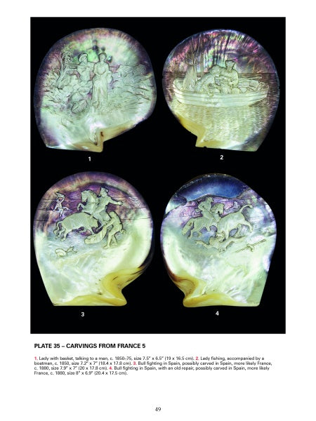 Mother-of-Pearl Antiques and Collectibles by Schiffer Publishing, Ltd. showcases four iridescent carvings—each etched with detailed scenes of ladies and bullfights—on luminous, pearly surfaces.