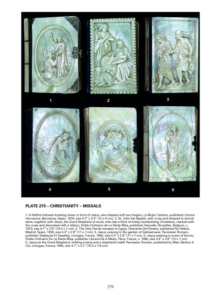 Six intricately carved Mother-of-Pearl Antiques and Collectibles from Schiffer Publishing, Ltd. display Christian scenes and figures in oval frames, all set against ornate, reflective backgrounds.