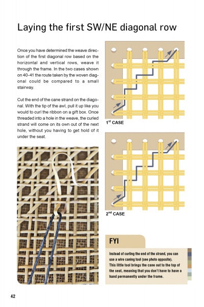 A page from Cane & Rush Seating by Schiffer Publishing, Ltd. features text and diagrams for weaving a diagonal row—perfect for seat restoration. Two diagrams, an FYI tip box, and a process image guide readers through rush weaving.