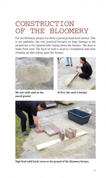 Forging Japanese Knives for Beginners by Schiffer Publishing, Ltd. offers a step-by-step guide to building a bloomery on a paved surface, showing sand leveling, brick prep, and the necessary tools—perfect for knife-forging enthusiasts.