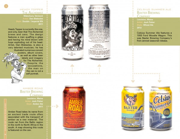 Canned! by Schiffer Publishing, Ltd. showcases four craft beer cans—Heady Topper, Amber Road, and Celsius Summer Ale—each depicted with detailed labels and tasting notes on a light background.