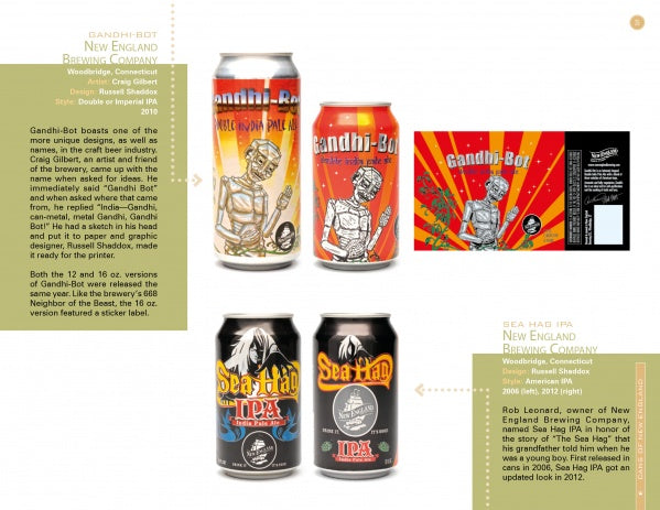 An illustrated catalog page presents "Canned!" from Schiffer Publishing, Ltd., featuring craft beer cans and packaging with unique label art, detailed descriptions, and highlighted craft brewery information.