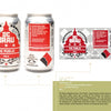 Two beer cans of Schiffer Publishing, Ltd.'s Canned! are shown: one displays the front label, the other shows the back with a government warning and barcode. A diagram highlights the label layout—a hallmark of craft beer packaging.