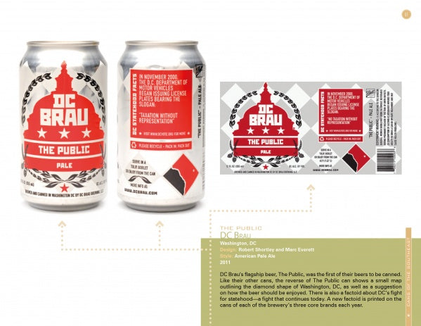 Two beer cans of Schiffer Publishing, Ltd.'s Canned! are shown: one displays the front label, the other shows the back with a government warning and barcode. A diagram highlights the label layout—a hallmark of craft beer packaging.