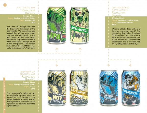 Six illustrated craft beer cans from "Canned!" by Schiffer Publishing, Ltd. are featured in two rows, each with unique, colorful designs and branding. The cans display creative artwork highlighting craft beer culture.