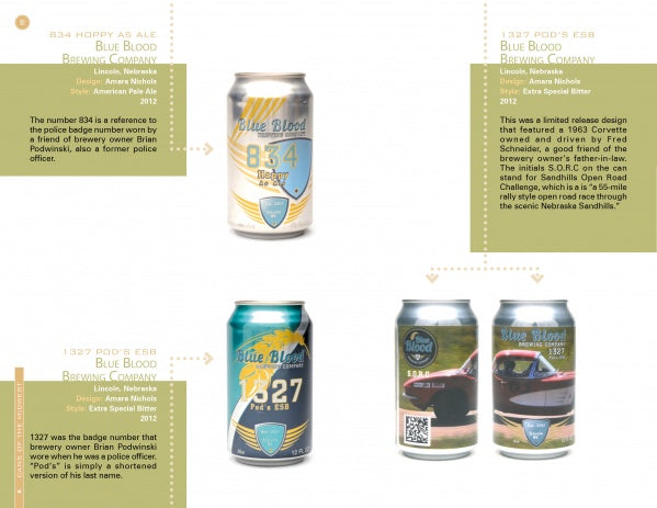 A page features "Canned!" from Schiffer Publishing, Ltd., showcasing two Blue Blood Brewing Company beer cans—834 Heavy as Ale and 1327 Pid’s ESB—with close-up/reverse images, detailed descriptions, and local craft beer history.