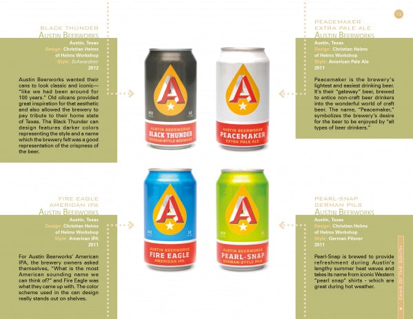 Four vibrant cans from Schiffer Publishing’s “Canned!” are showcased against a light background, with text highlighting each craft beer’s unique character.