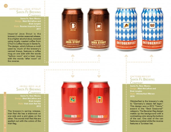 Canned! by Schiffer Publishing, Ltd. features four craft beer cans: two brown (Imperial Java Stout), two with a blue diamond pattern (Oktoberfest), and two red (Freestyle Red Ale) on a light yellow background with descriptions.