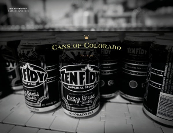 A black and white photo of Schiffer Publishing, Ltd.’s "Canned!" showcases beer cans in rows, celebrating Colorado’s craft beer scene with “Cans of Colorado” and “Colorado” text overlaid.
