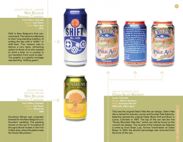 A graphic for "Canned!" by Schiffer Publishing, Ltd. shows four beer cans—New Belgium Shift (blue/silver), Sunshine Wheat (yellow), and three sides of Oskar Blues Dale’s Pale Ale (red/blue)—with style and brewery info highlighted for each craft brew.