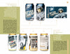 The Canned! showcase by Schiffer Publishing, Ltd. presents two craft beer cans—one with a monkey astronaut, the other with Abraham Lincoln bursting through a wall—shown from multiple angles with descriptive details.