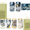 The Canned! showcase by Schiffer Publishing, Ltd. presents two craft beer cans—one with a monkey astronaut, the other with Abraham Lincoln bursting through a wall—shown from multiple angles with descriptive details.