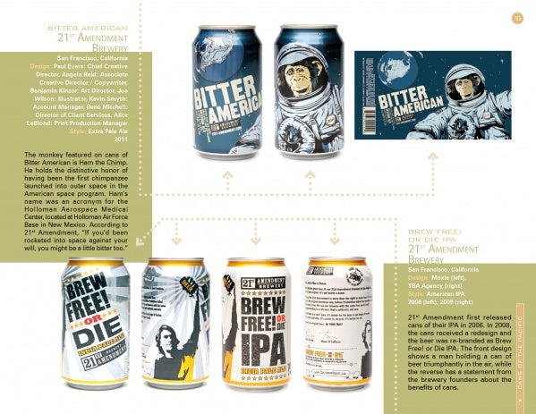 The Canned! showcase by Schiffer Publishing, Ltd. presents two craft beer cans—one with a monkey astronaut, the other with Abraham Lincoln bursting through a wall—shown from multiple angles with descriptive details.