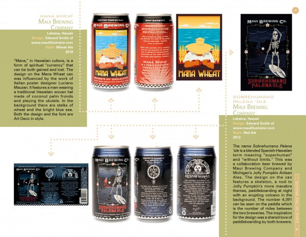 A display for “Canned!” by Schiffer Publishing, Ltd. highlights front, back, and label designs of two Maui Brewing Company beers—Mana Wheat and Sobrehumana Palena ‘ole—with details on their unique craft offerings.