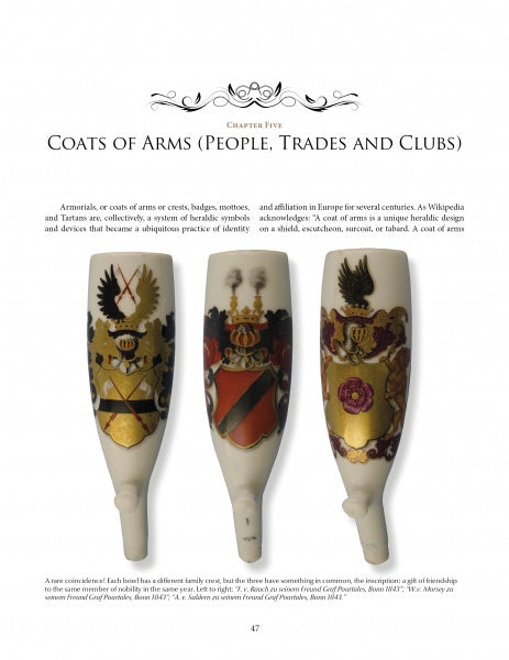 The European Porcelain Tobacco Pipe by Schiffer Publishing, Ltd. displays three ornate pipes with colorful coats of arms—shields, helmets, and crests—standing upright on a white background with descriptive text above and below.