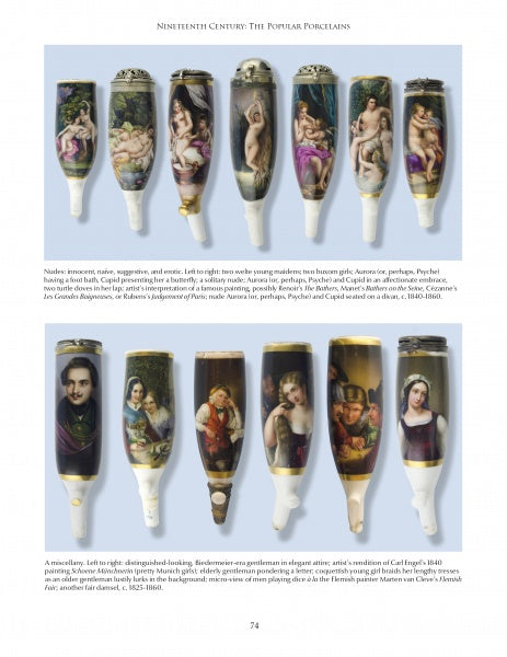 Twelve ornate antique porcelain pipes from "The European Porcelain Tobacco Pipe" by Schiffer Publishing, Ltd. feature painted scenes—portraits and mythological figures—displayed upright in two rows with descriptive text beneath each row.