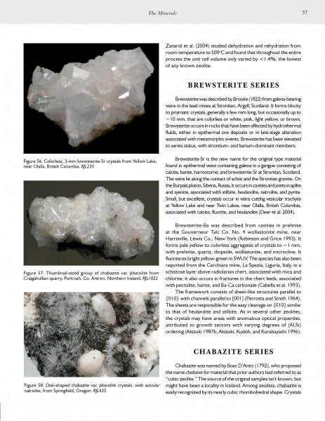 A page from Schiffer Publishing, Ltd.'s "Collector's Guide to the Zeolite Group" features photos of white brewsterite and chabazite minerals with informative text about these mineral series for collectors.