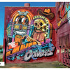 Detroit Graffiti by Schiffer Publishing, Ltd. showcases a vibrant mural on a red brick wall, featuring a colorful jukebox, a cowboy-hat-wearing skeleton, and bold, dynamic street art inspired by Detroit.