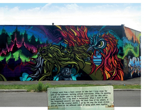 Detroit Graffiti by Schiffer Publishing, Ltd. features a vibrant mural of a colorful bird and abstract shapes inspired by Detroit street art, with a foreground plaque describing the artist’s creative process.