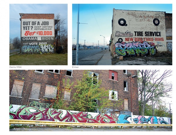 “Detroit Graffiti” by Schiffer Publishing, Ltd. features street art in urban areas: graffiti on a political billboard, a tire service wall, and a vibrant mural in front of an abandoned brick building with overgrown vegetation.