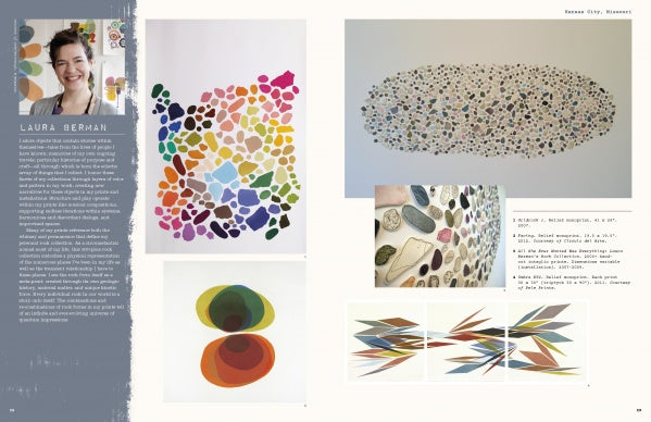 A magazine spread in Schiffer Publishing, Ltd.'s "Contemporary American Print Makers" features artist Laura Berman—her portrait, biography, and vibrant abstract works with pebble-like patterns and geometric shapes.