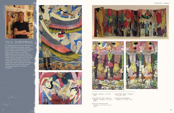 A magazine spread from Schiffer Publishing, Ltd.'s "Contemporary American Print Makers" features Yuji Hiratsuka’s vibrant art: his portrait and bio on the left page, with detailed images of his innovative mixed-media prints on the right.