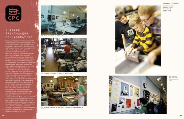 A magazine spread for Schiffer Publishing, Ltd.'s *Contemporary American Print Makers* shows six photos of artists printmaking in a studio and exhibiting work, with descriptive text about the Chicago Printmakers Collaborative on the left.