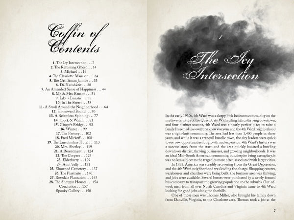 An open book from Schiffer Publishing, Ltd. displays the table of contents and a chapter titled “The Icy Intersection,” hinting at supernatural tales in Haunted Charlotte, with dark ink cloud art and haunting serif text below.