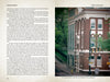 An open book, "Haunted Charlotte" by Schiffer Publishing, Ltd., displays text on the left and a photo of a historic brick building on a peaceful tree-lined city corner on the right—hinting at eerie tales with empty sidewalks and no people in sight.