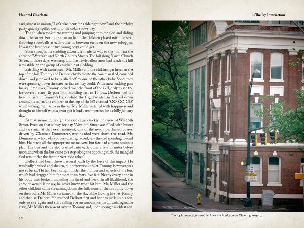 An open book, "Haunted Charlotte" by Schiffer Publishing, Ltd., displays text on the left and a photo of a historic brick building on a peaceful tree-lined city corner on the right—hinting at eerie tales with empty sidewalks and no people in sight.