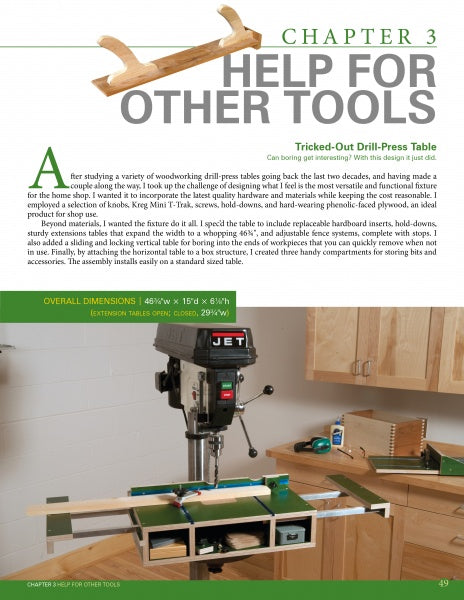 A magazine page from "Home Workshop Jigs and Fixtures" by Schiffer Publishing, Ltd. showcases a wooden drill-press table in a cabinet-lined workshop, detailing how to build this essential fixture with listed dimensions.