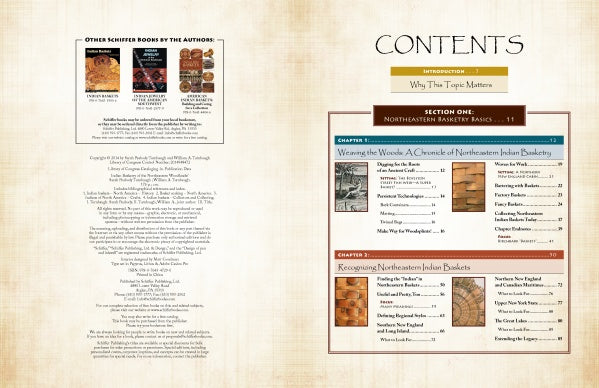 The table of contents from "Indian Basketry of the Northeastern Woodlands" (Schiffer Publishing, Ltd.) covers an introduction, basketry basics, history, techniques, and identification of woodsplint and sweetgrass baskets.