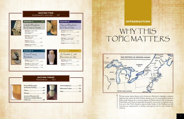 An open spread of "Indian Basketry of the Northeastern Woodlands" by Schiffer Publishing, Ltd. displays the contents page on the left with basket and resource sections, and a right page titled "Why This Topic Matters," featuring a map and insights.