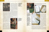 A two-page magazine spread features text blocks and images of old books, handwritten letters, historical artifacts, a person with a carved wooden object—all on a light beige background—highlighting Schiffer Publishing's *Indian Basketry of the Northeastern Woodlands*.