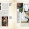 A two-page magazine spread features text blocks and images of old books, handwritten letters, historical artifacts, a person with a carved wooden object—all on a light beige background—highlighting Schiffer Publishing's *Indian Basketry of the Northeastern Woodlands*.