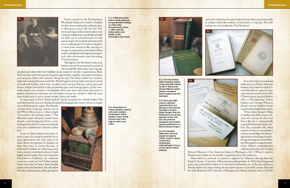 A two-page magazine spread features text blocks and images of old books, handwritten letters, historical artifacts, a person with a carved wooden object—all on a light beige background—highlighting Schiffer Publishing's *Indian Basketry of the Northeastern Woodlands*.