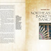 A two-page spread from "Indian Basketry of the Northeastern Woodlands" (Schiffer Publishing, Ltd.) shows text on basketry and a photo of a basketmaker left, with "Section One: Northeastern Basketry Basics" above basket close-ups right.