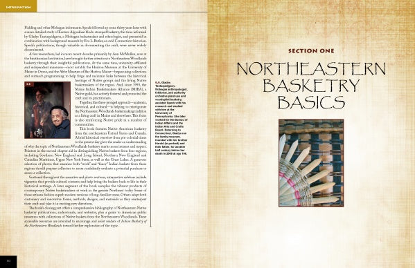 A two-page spread from "Indian Basketry of the Northeastern Woodlands" (Schiffer Publishing, Ltd.) shows text on basketry and a photo of a basketmaker left, with "Section One: Northeastern Basketry Basics" above basket close-ups right.
