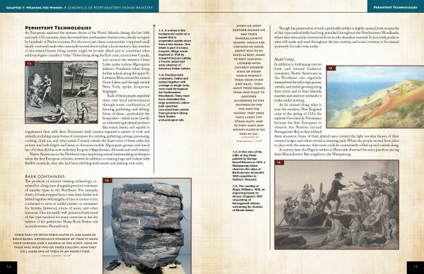 A textbook page features text and four images—historic illustrations, a ceramic pot, a rock formation, and explorers meeting Indigenous people—highlighting Native American basketmaking, as explored in "Indian Basketry of the Northeastern Woodlands" by Schiffer Publishing, Ltd.