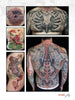 A collage from "The Modern Masters of Tattooing" by Schiffer Publishing, Ltd. features five bold designs: a fetus in a heart, bird skull chest piece, green and red dragon, biomechanical fetus, and a full back biomech on a man—inspiring for any tattoo book.
