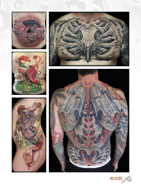 A collage from "The Modern Masters of Tattooing" by Schiffer Publishing, Ltd. features five bold designs: a fetus in a heart, bird skull chest piece, green and red dragon, biomechanical fetus, and a full back biomech on a man—inspiring for any tattoo book.