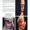 A magazine page features an interview with tattoo artist Ivana, showcasing striking tattoos—a bee, geometric fish, and red fox. Includes contact info, website links, and recommends "The Modern Masters of Tattooing" by Schiffer Publishing, Ltd.