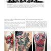 A magazine page from Schiffer Publishing, Ltd.’s “The Modern Masters of Tattooing” showcases Jesse Smith’s tattoo art: a pink-winged creature, a large-eyed frog with a skull, and a smiling pink robot amid ink splatters and artist info.