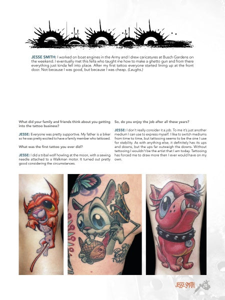 A magazine page from Schiffer Publishing, Ltd.’s “The Modern Masters of Tattooing” showcases Jesse Smith’s tattoo art: a pink-winged creature, a large-eyed frog with a skull, and a smiling pink robot amid ink splatters and artist info.