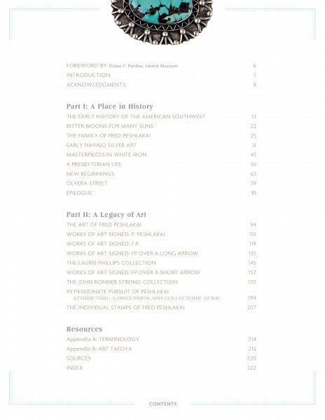 The table of contents for Navajo Silversmith Fred Peshlakai by Schiffer Publishing, Ltd. lists sections like A Place in History and A Legacy of Art, with chapter titles and page numbers beneath a circular turquoise and black graphic inspired by Navajo silverwork.