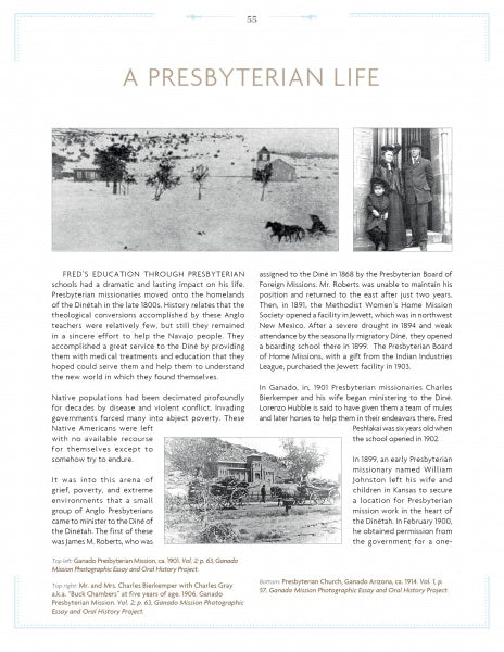 A magazine page titled "A Presbyterian Life" from Schiffer Publishing, Ltd. features text on Presbyterian missionaries and three historic photos, including Navajo silversmith Fred Peshlakai showcasing early Navajo silver art and craftsmanship.