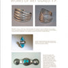 A catalog page from Schiffer Publishing, Ltd. showcases three silver jewelry pieces—two bracelets and a turquoise ring—by renowned Navajo silversmith Fred Peshlakai, with images and descriptions on neutral backgrounds.