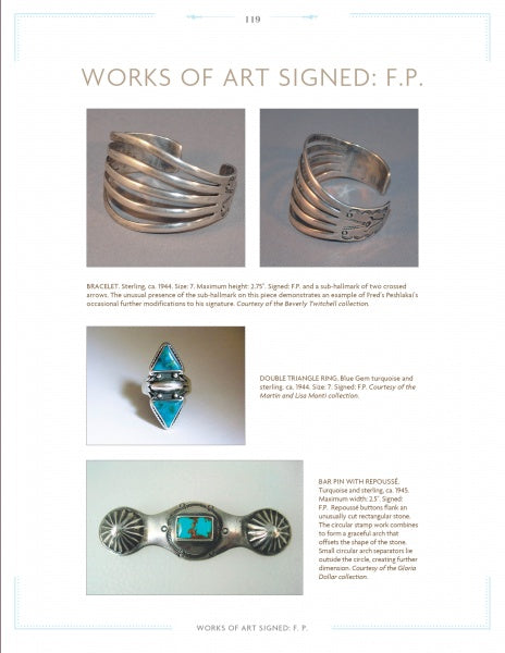 A catalog page from Schiffer Publishing, Ltd. showcases three silver jewelry pieces—two bracelets and a turquoise ring—by renowned Navajo silversmith Fred Peshlakai, with images and descriptions on neutral backgrounds.
