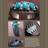 A silver bracelet and ring set with large oval turquoise stones, crafted in the style of Navajo silversmith Fred Peshlakai by Schiffer Publishing, Ltd., displayed on a grey background to showcase their intricate engraved designs.